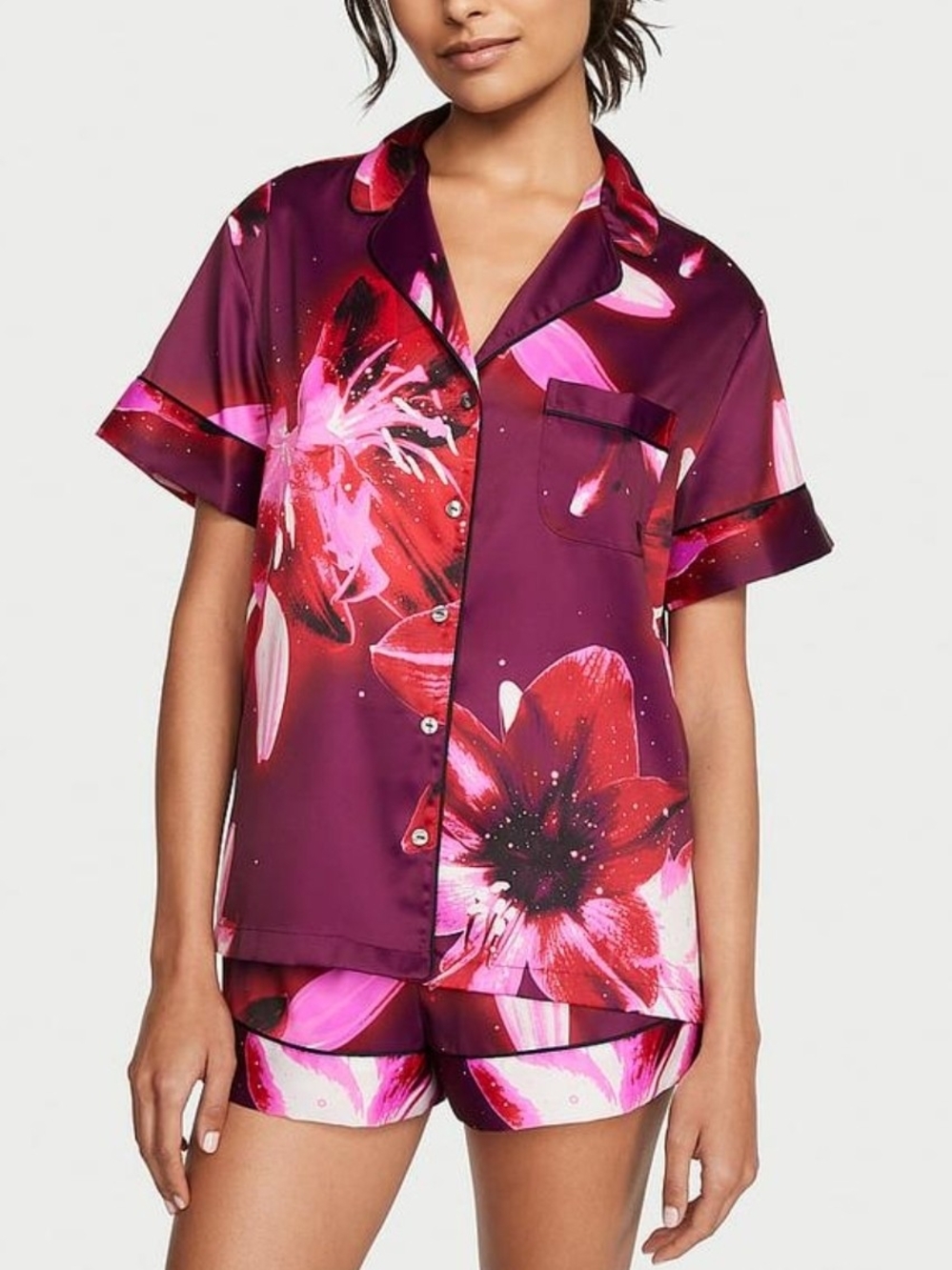 Victoria's Secret Floral Satin Short Pajama Set - Berry & Hot Pink